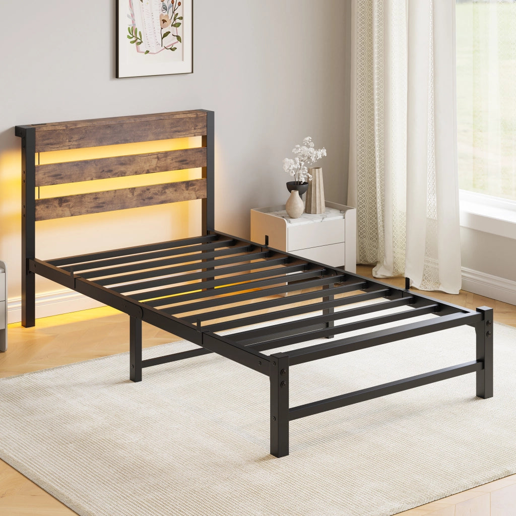 LETTO 90x200 cm con LED RGB e 2 USB in metallo e legno Nero Marrone