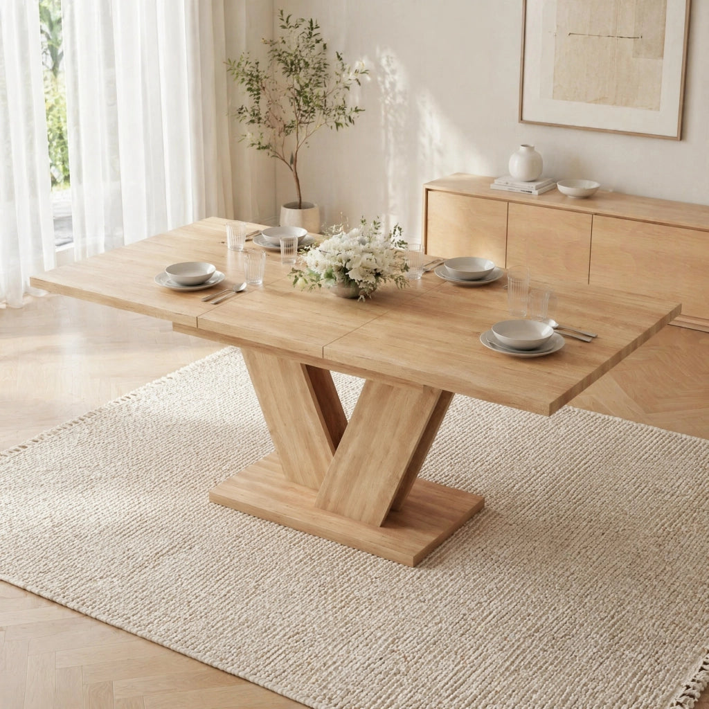 Tavolo da pranzo allungabile 140/180 x 80 cm, 4-8 posti, effetto rovere, gambe a V in metallo
