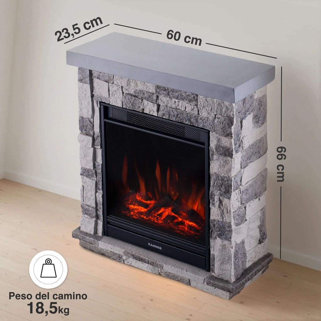 KAMINIO Camino elettrico JUAN - Camino elettrico da appoggio effetto pietra con riscaldamento, effetto fiamma 3D, telecomando - Grigio