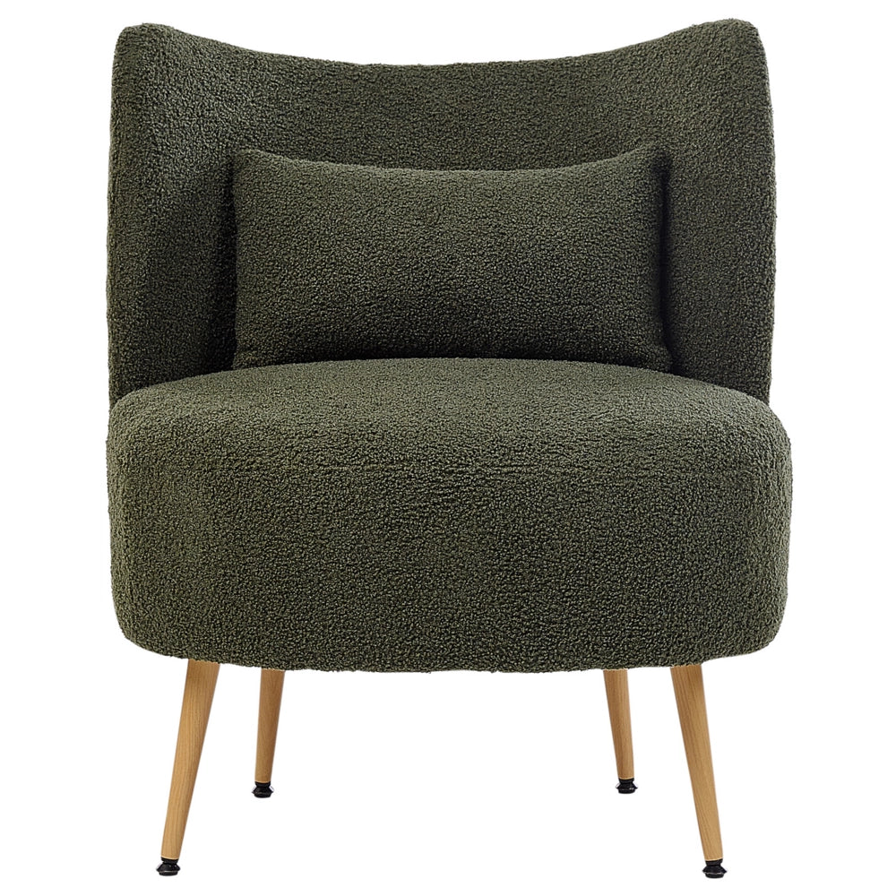 Poltrona da salotto con schienale curvo boucle verde scuro stile glam elegante soggiorno