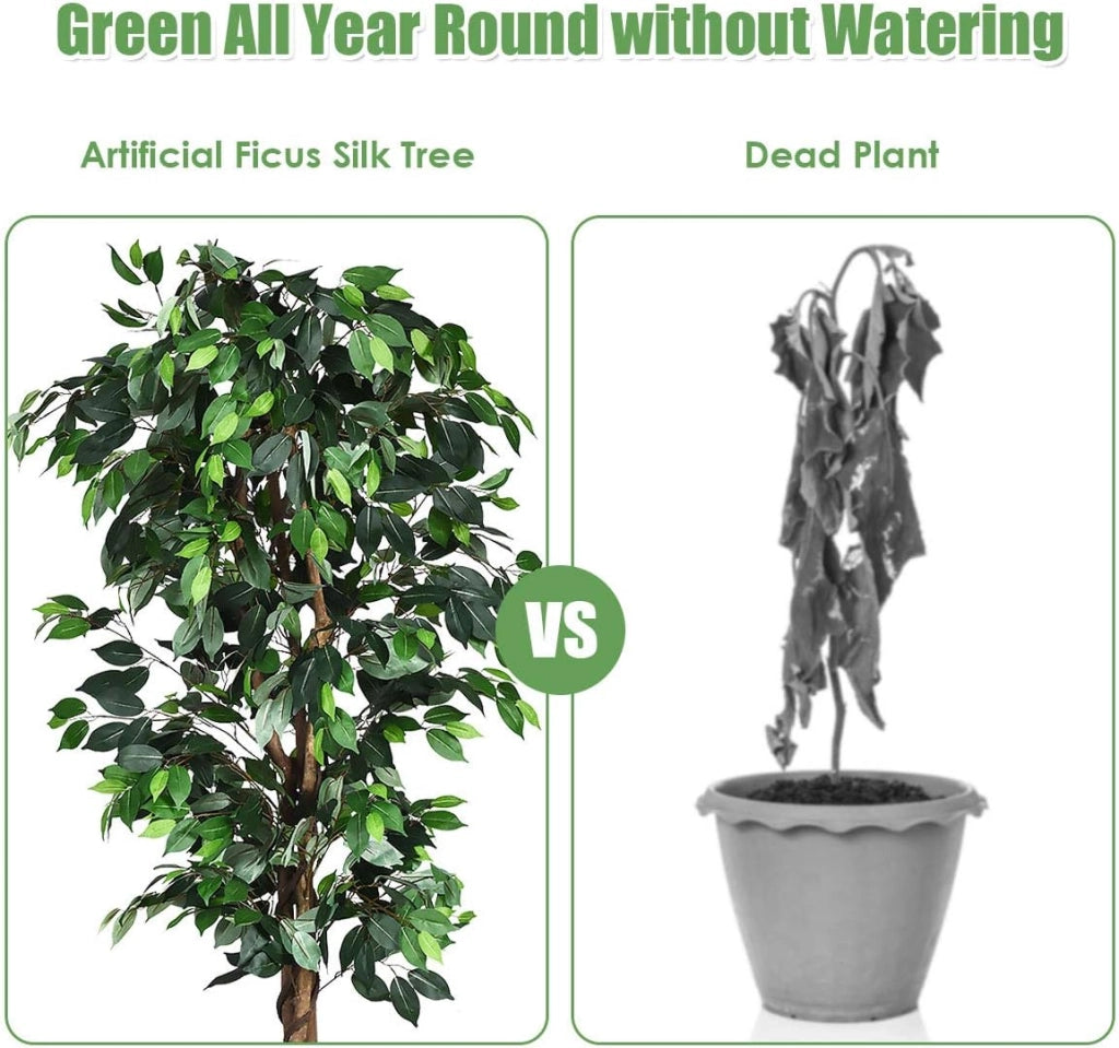 Albero Artificiale Fico di Betulla 180 cm, Pianta Verde con Vaso in Cemento e 1008 Foglie, Decorazione d’Interno per Casa ed Ufficio