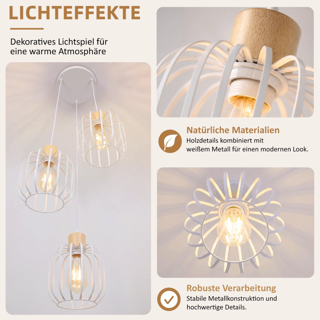 ZMH Lampada a Sospensione 3 Luci Bianco Legno Rotonda E27 Moderna per Soggiorno Cucina Camera Corridoio Senza Lampadina