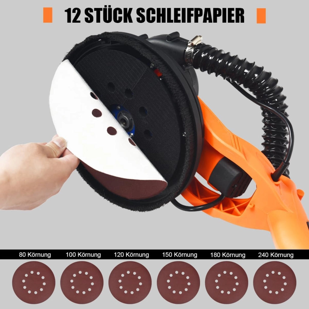 Levigatrice per Muro 750W, Ø 250 MM, 6 Velocità Massima di Rotazione 1750 Giri/Min, Giraffa Levigatrice con Manico Telescopico, Luce LED, 12 Carte Abrasivi & Sacchetto, per Muro, Soffitti