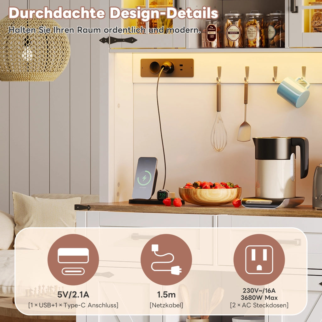 BARSCHRANK con LED regolabili e prese, 3 colli, MDF marrone e bianco
