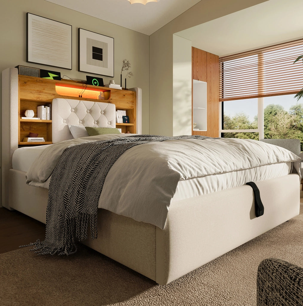 Letto singolo 90x200 cm con vano idraulico, LED e USB-C beige