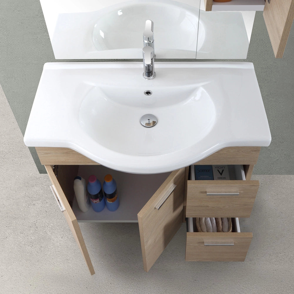 Mobile bagno a terra 85 cm rovere dolomite con pensile su specchio LED Desya