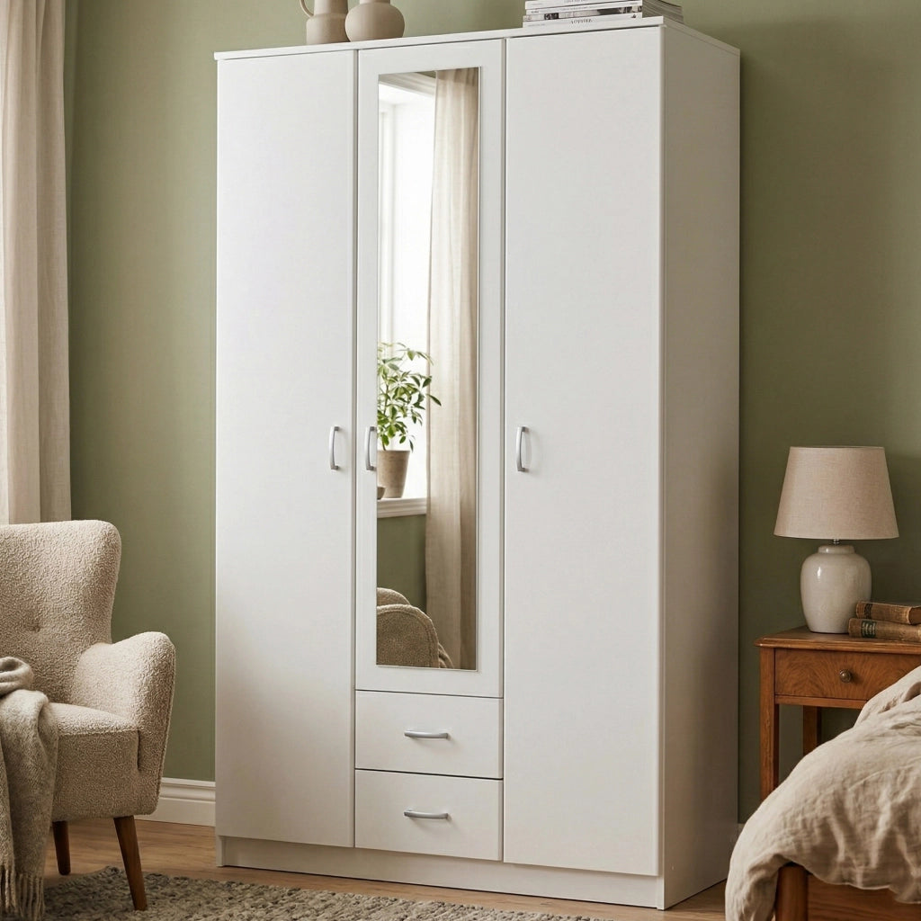 Armadio Camera da Letto Crati, Guardaroba 3 Ante 4 Ripiani, 120x52 cm Bianco