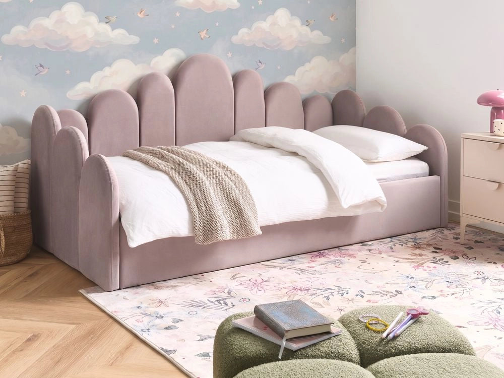 Letto singolo in velluto con contenitore 90 x 200 cm rete a doghe rosa pastello cameretta
