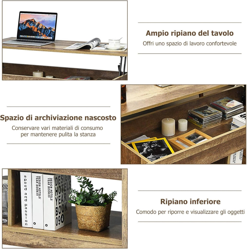 Tavolino Salotto Sollevabile, Tavolino da Caffè Basso con Scompartimenti Nascosti e Mensole, Tavolino Moderno per Soggiorno, Salone e Studio, 109 x 47,5 x 50-63 cm (Quercia)