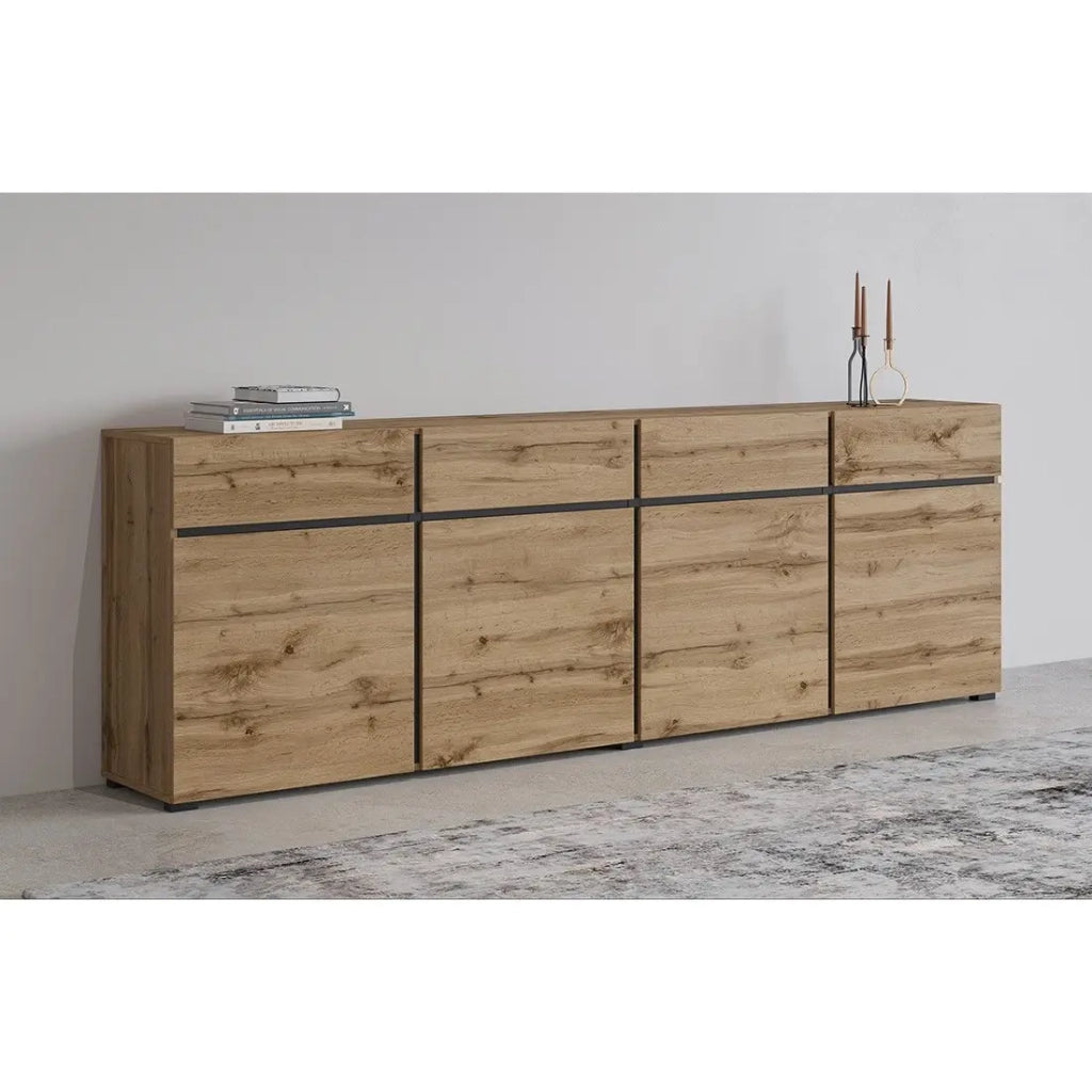Buffet XL coloris chêne et noir 225cm collection HAVANA. Credenza design con 4 porte e 4 cassetti.