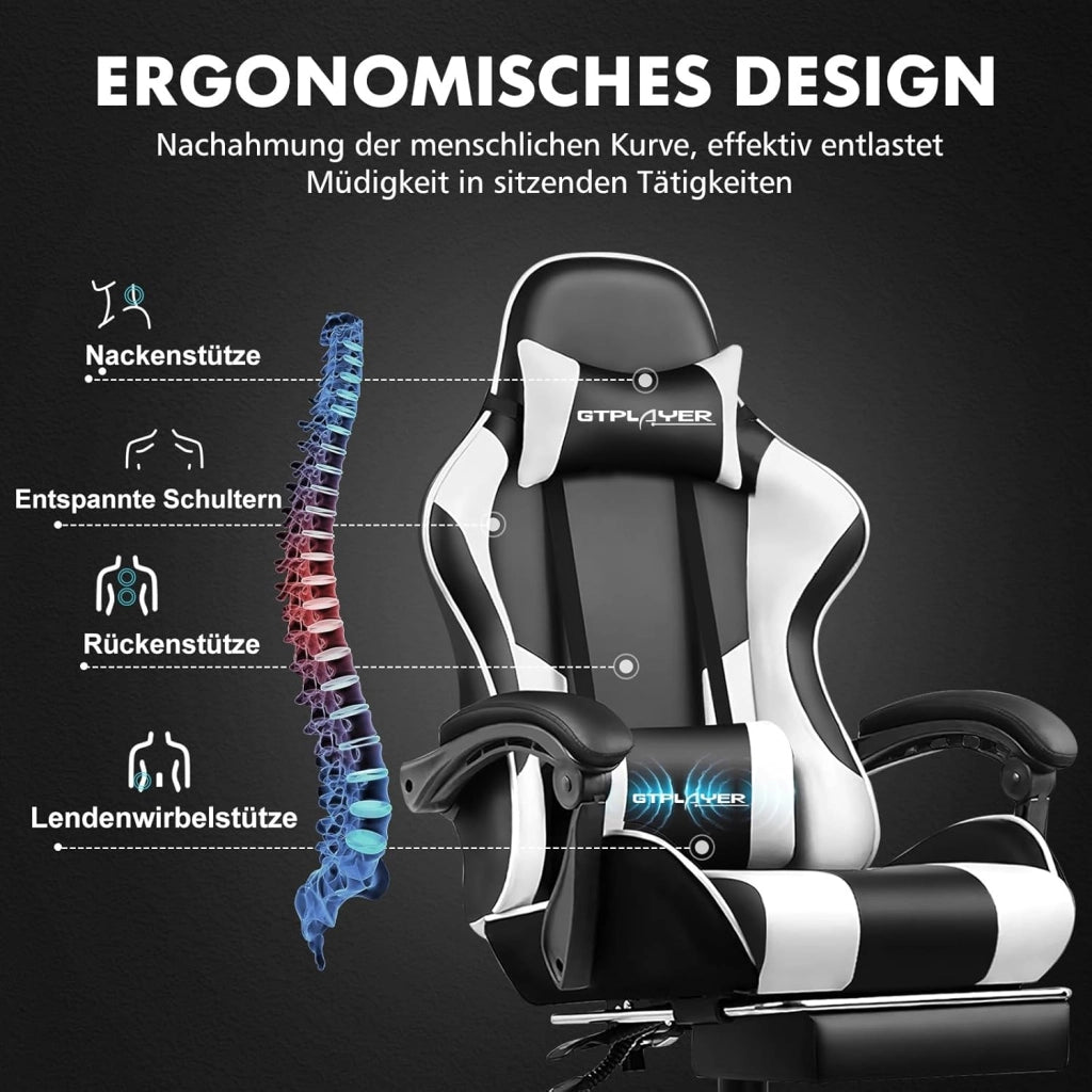 Sedia da gaming, da ufficio, da gioco, ergonomica, con poggiapiedi, per massaggi, cuscino lombare, imbottita, sedia girevole, colore: bianco