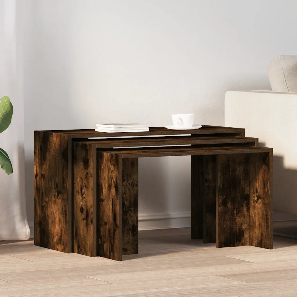 Tavolini Impilabili 3 pz Rovere Fumo in Legno Multistrato 858537