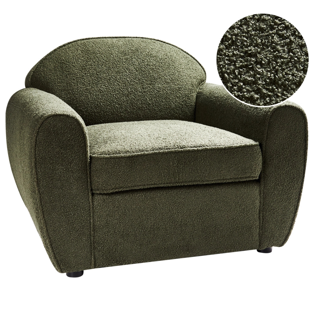 Poltrona Moderna da Soggiorno con Rivestimento in Tessuto Bouclé Verde Scuro Schienale Imbottito e Cuscino Spesso