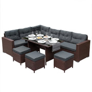 Set d'angolo in rattan Mobili da giardino Marrone Divano Sgabelli Tavolo Cuscini impermeabili 9 Posti
