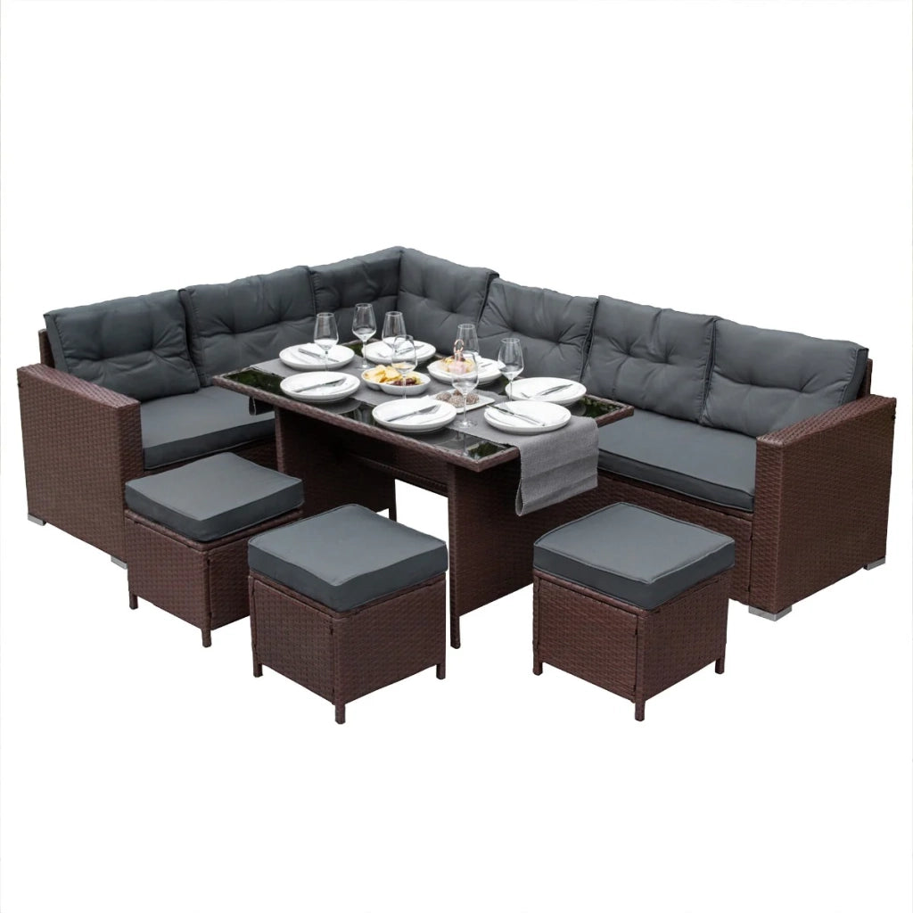 Set d'angolo in rattan Mobili da giardino Marrone Divano Sgabelli Tavolo Cuscini impermeabili 9 Posti