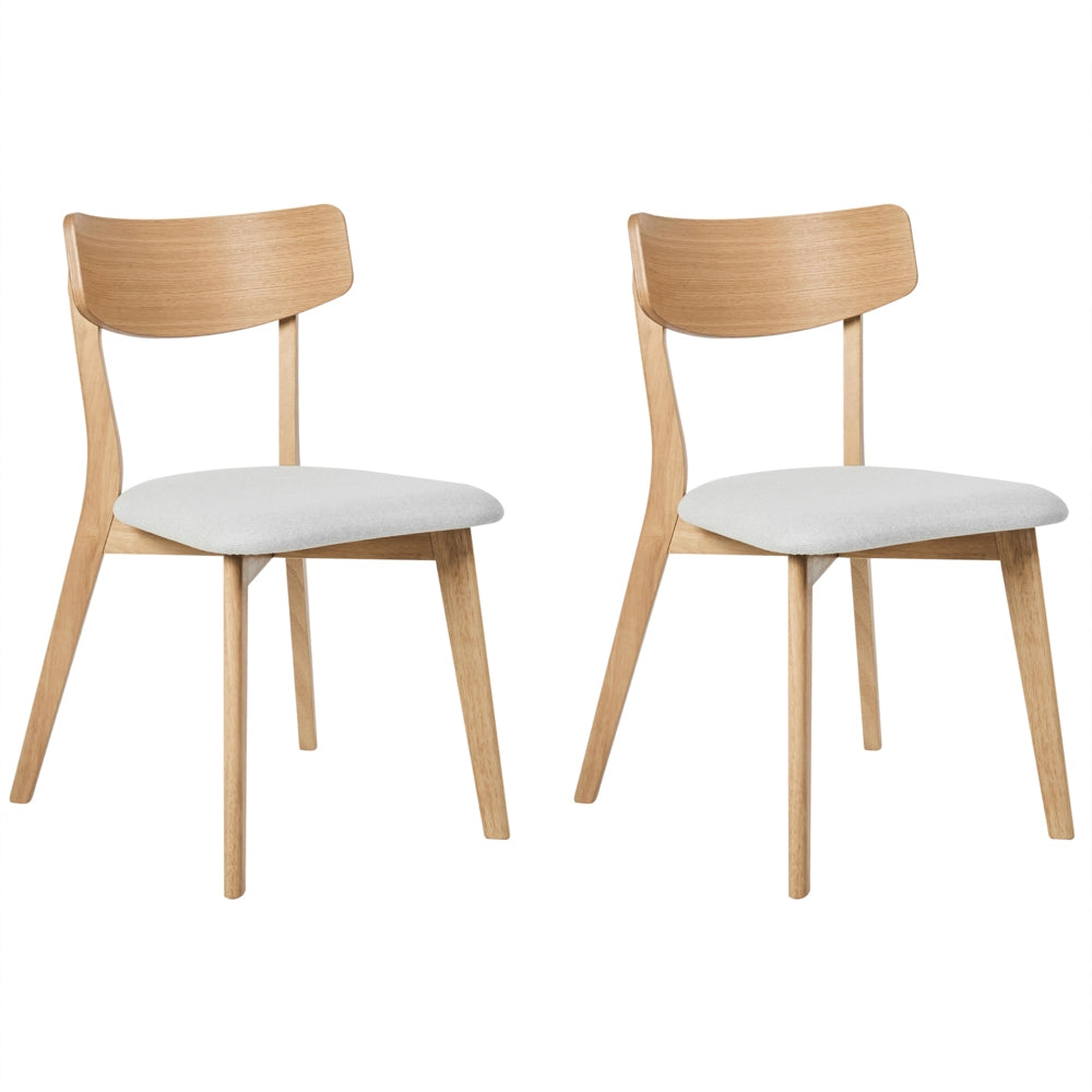 Set di 2 sedie da pranzo con seduta in tessuto grigio chiaro e struttura in legno massiccio chiaro retrò senza braccioli