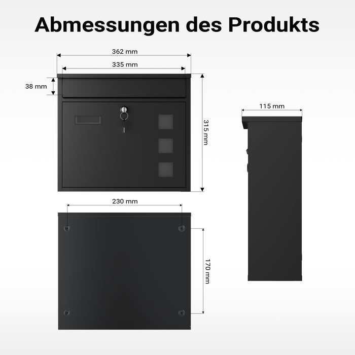 Cassetta postale singola V12 in acciaio verniciato a polvere nero con finestrelle e vetrino portanome