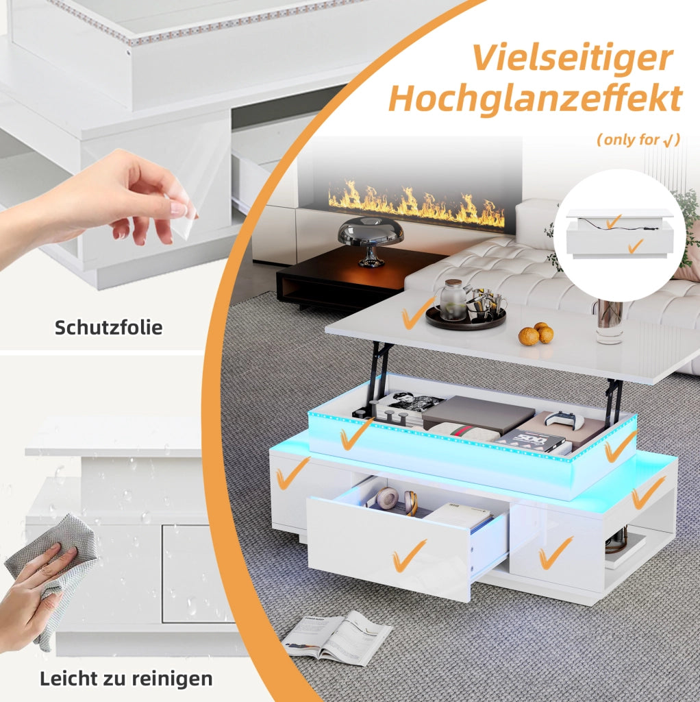 Tavolino elevabile con contenitore, cassetto e luci LED, bianco