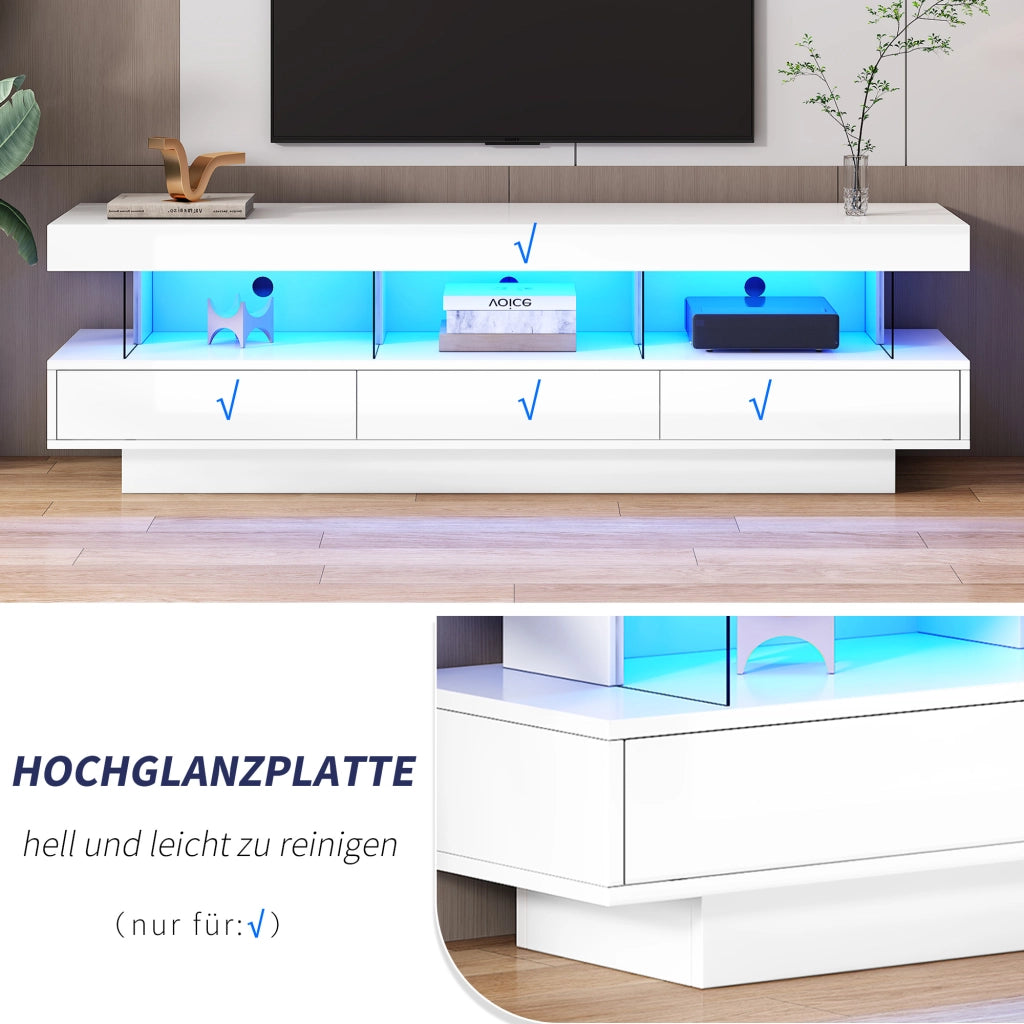 Mobile porta TV moderno con 3 vani in vetro, LED controllata da app bluetooth, bianco lucido, 160 × 38 × 50.5 cm