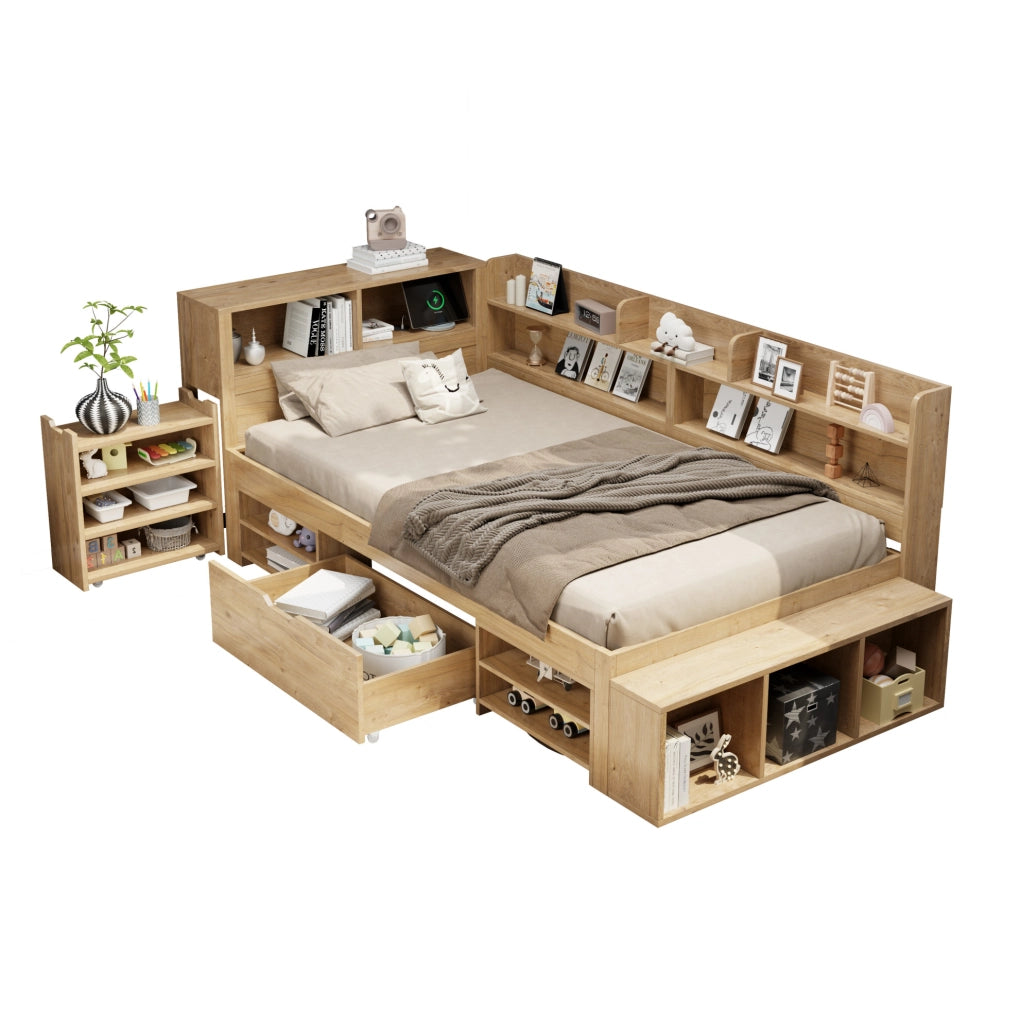 Letto per bambini 90x200 cm con cassetti; scaffali e contenitori in multistrato colore naturale