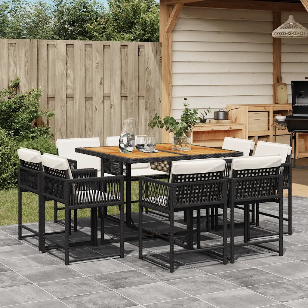 Set da Pranzo da Giardino 9 pz con Cuscini Nero in Polyrattan 3211563