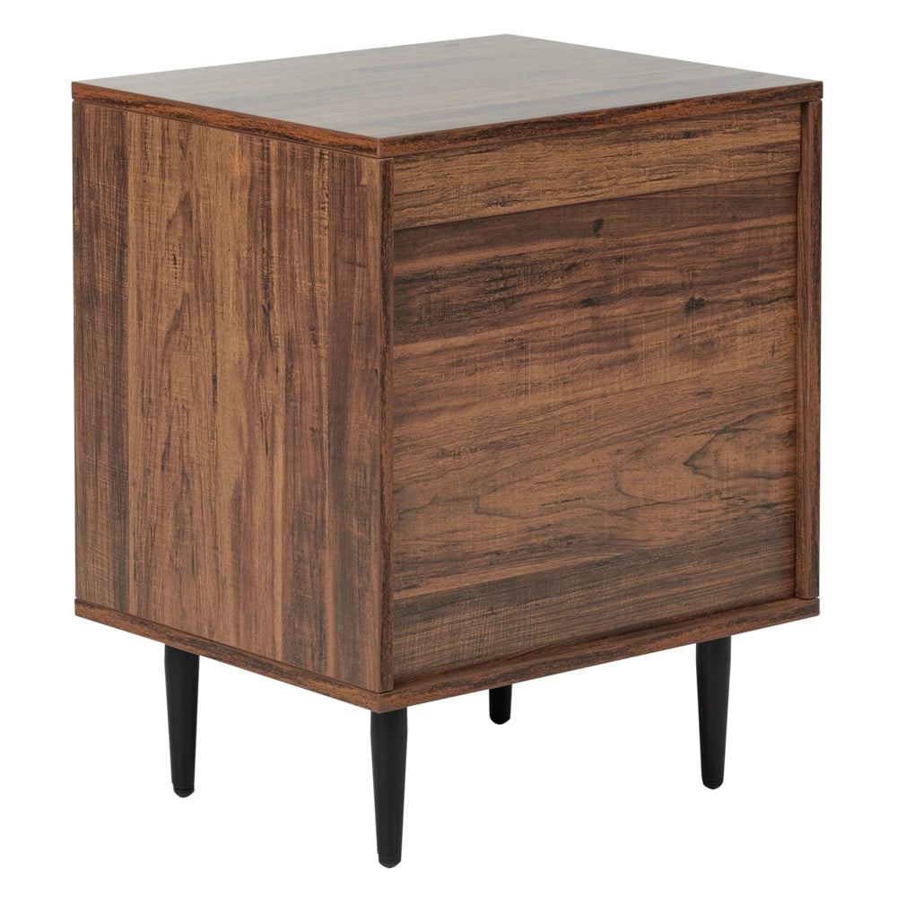 Comodino MDF legno scuro 2 cassetti Tavolino gambe in ferro moderno