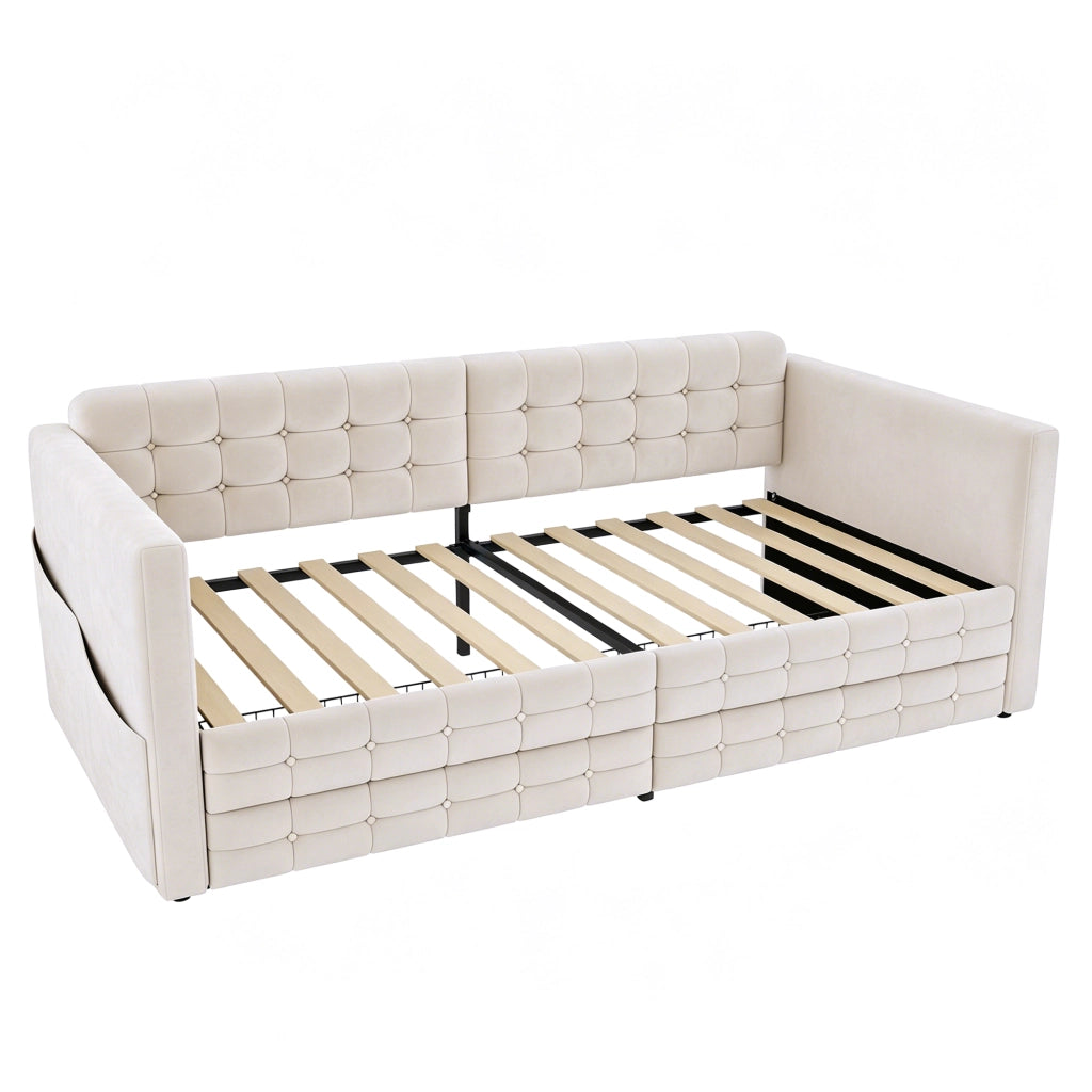 Letto imbottito 90x190 cm con contenitore, tasche laterali, 2 cassetti, tessuto effetto velluto, beige