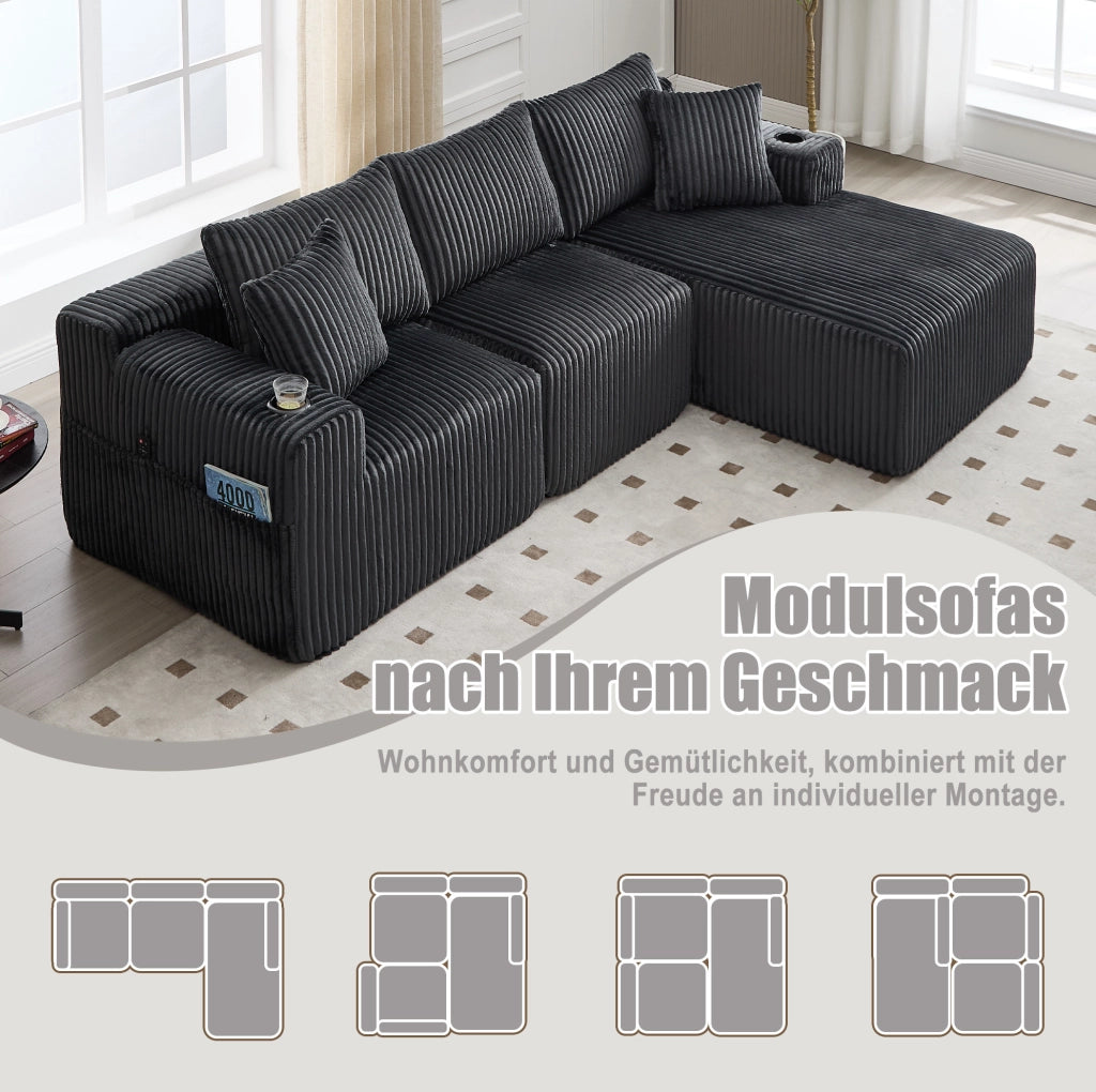 Divano modulare in velluto a coste grigio con chaise longue