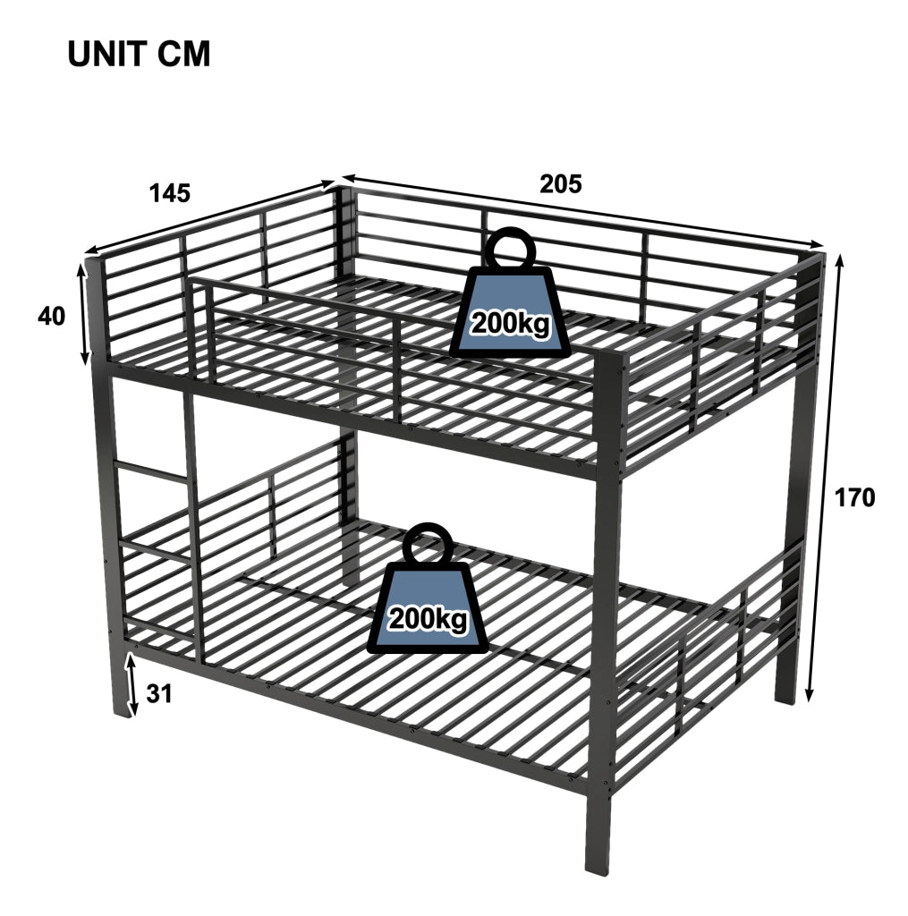 Letto a castello 205.0x145.0x170.0 cm silenzioso; portata 400 kg in metallo nero