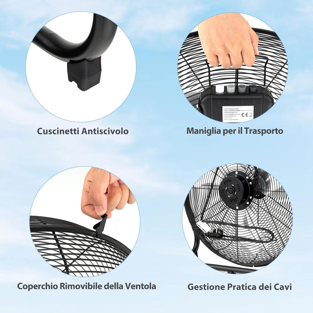 Ventilatori da Pavimento 62 X 20 X 59 CM, 3 Velocità di Vento Regolabili, Ventilatore Industriale in Metallo, Angolo di Inclinazione 145°, per Magazzino, Officina, Cantina, Ufficio (Nero)