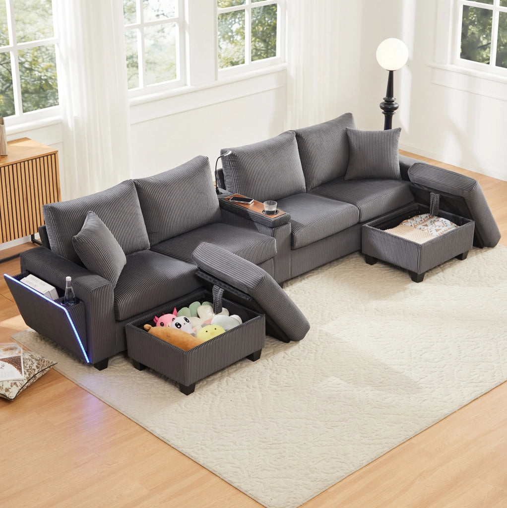 Divano angolare a U in velluto a coste grigio 334x128;5x81 cm con LED; USB e tavolini contenitore