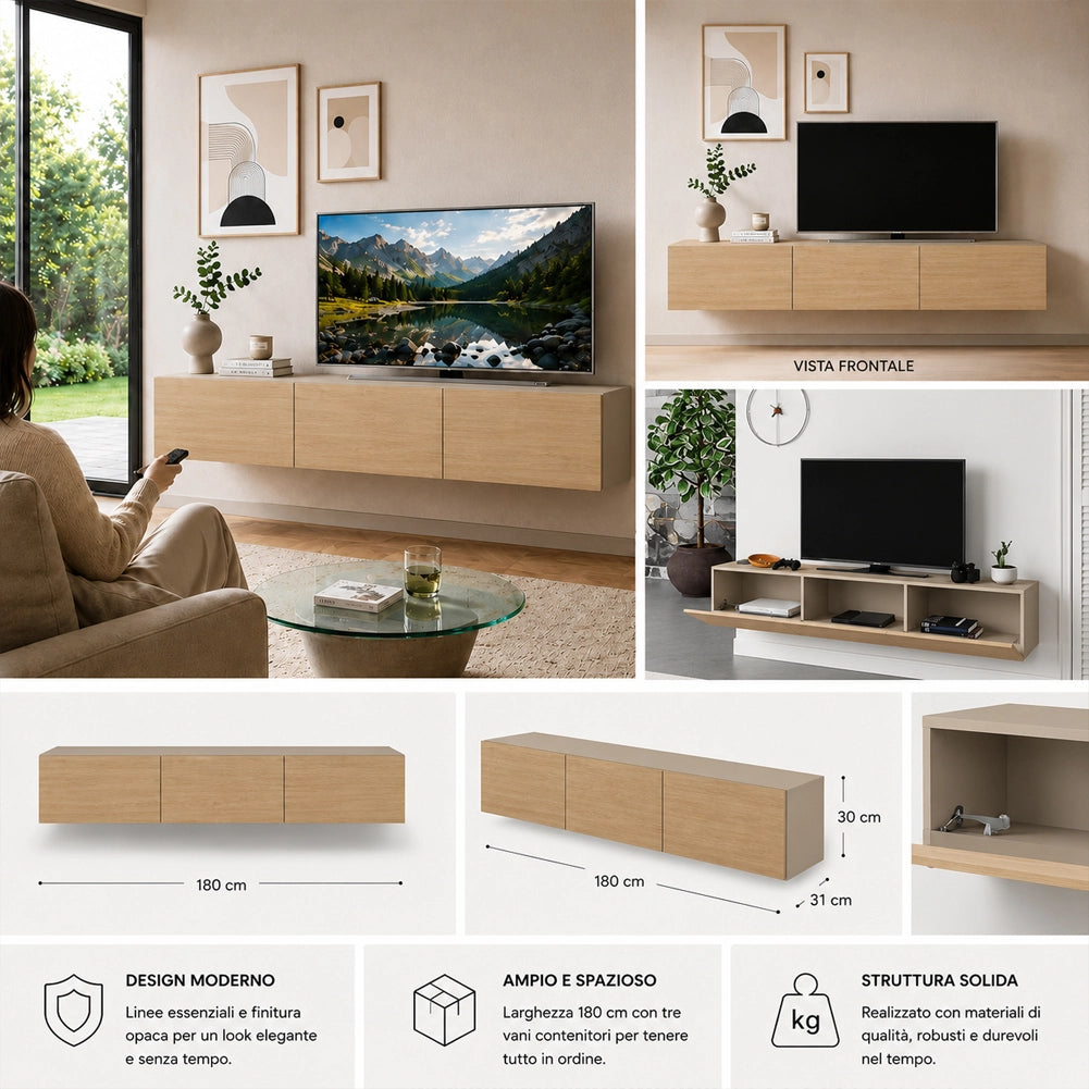 Mobile TV sospeso 180x30cm FRANCY Quercia e Sabbia 3 Ante a Ribalta Parete
