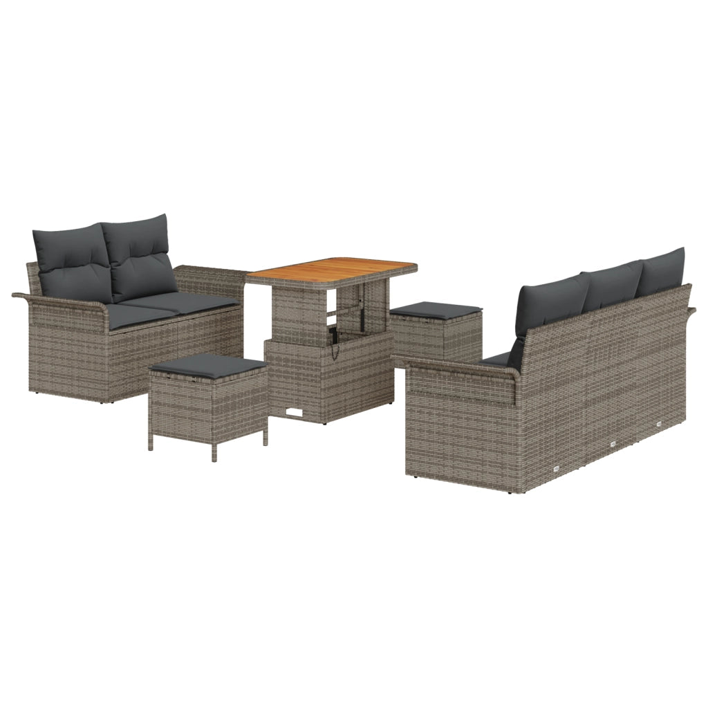 Set di Divani da Giardino 8 Pezzi con Cuscini Grigio Rattan Poliestere Acacia