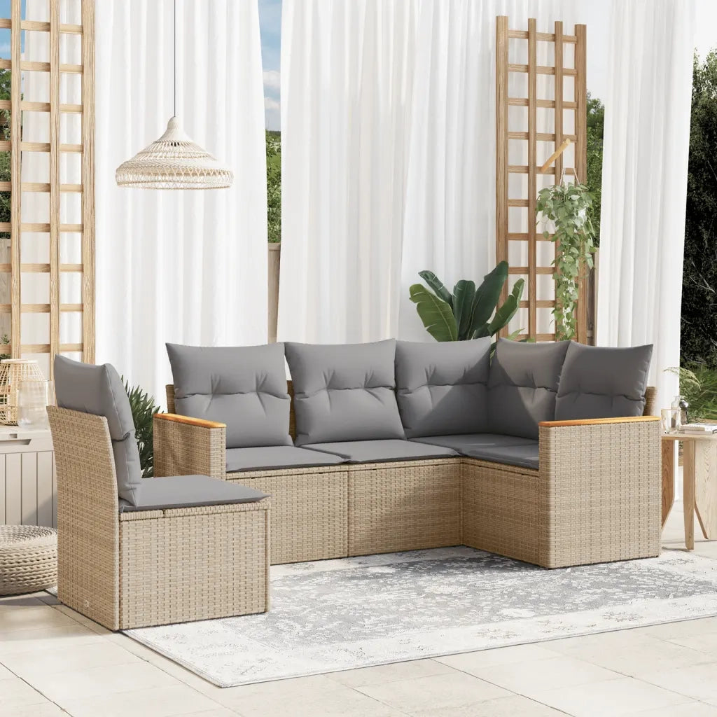 Set Divano da Giardino 5 pz con Cuscini Beige in Polyrattan