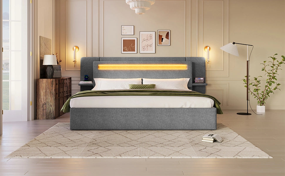 Letto imbottito 180x200 cm con contenitore ad alzata idraulica; LED multicolore e USB; grigio