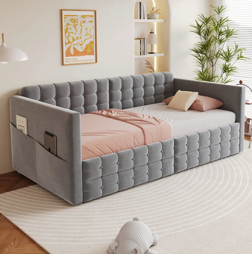 Letto imbottito 90x190 cm con testiera capitonn茅; tasche laterali e 2 cassetti; velluto grigio