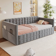 Letto imbottito 90x190 cm con testiera capitonn茅; tasche laterali e 2 cassetti; velluto grigio