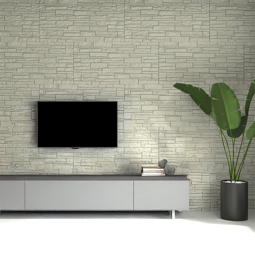 Set 12 Pannelli Decorativi Area 8,6 mq 120x60x2,5 cm Rivestimento Murale Effetto Mattoni in Pietra 3D in PU Greige