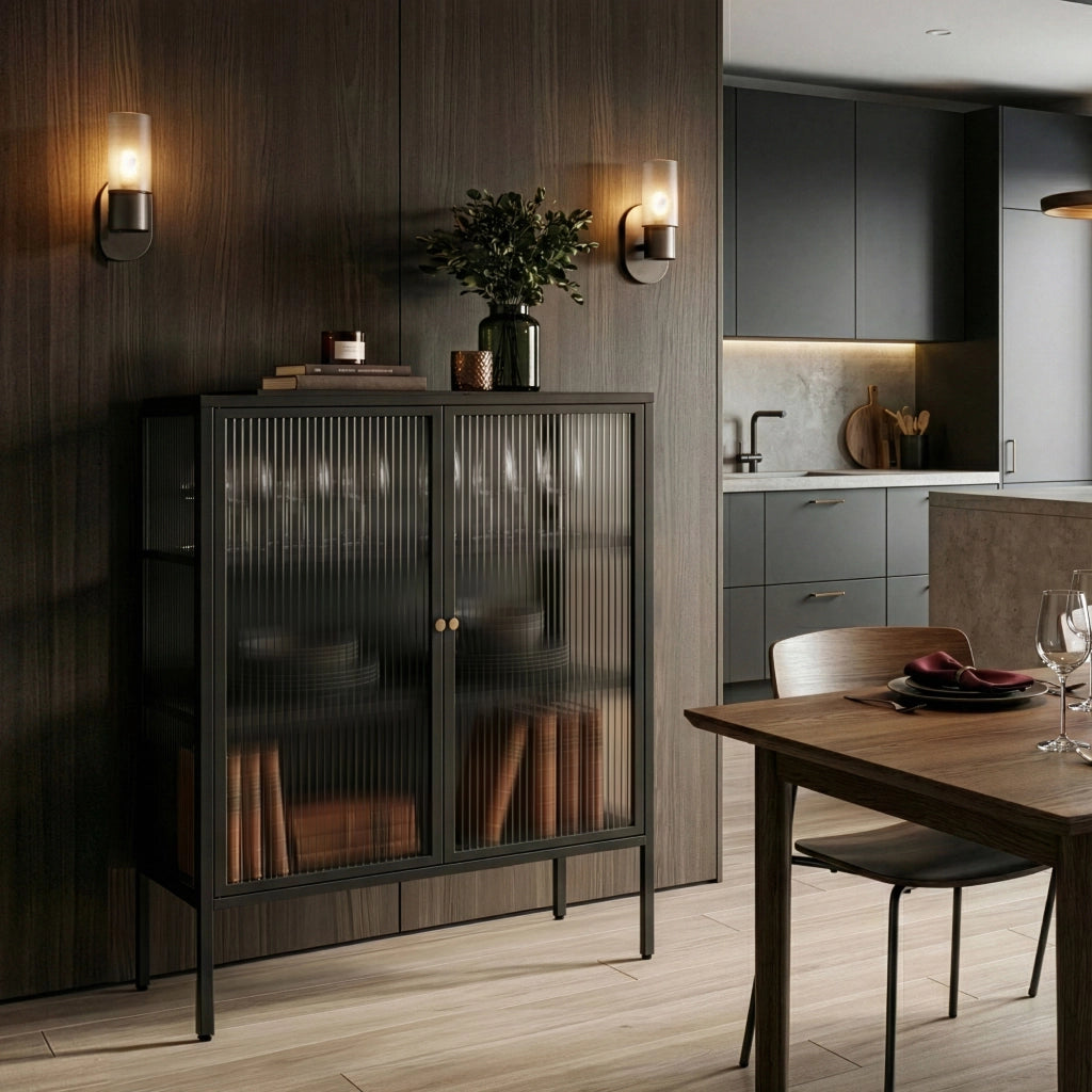 Credenza Vinterhavn in Acciaio Nero con 2 Ante in Vetro Scanalato 100x80x30 cm [en.casa]