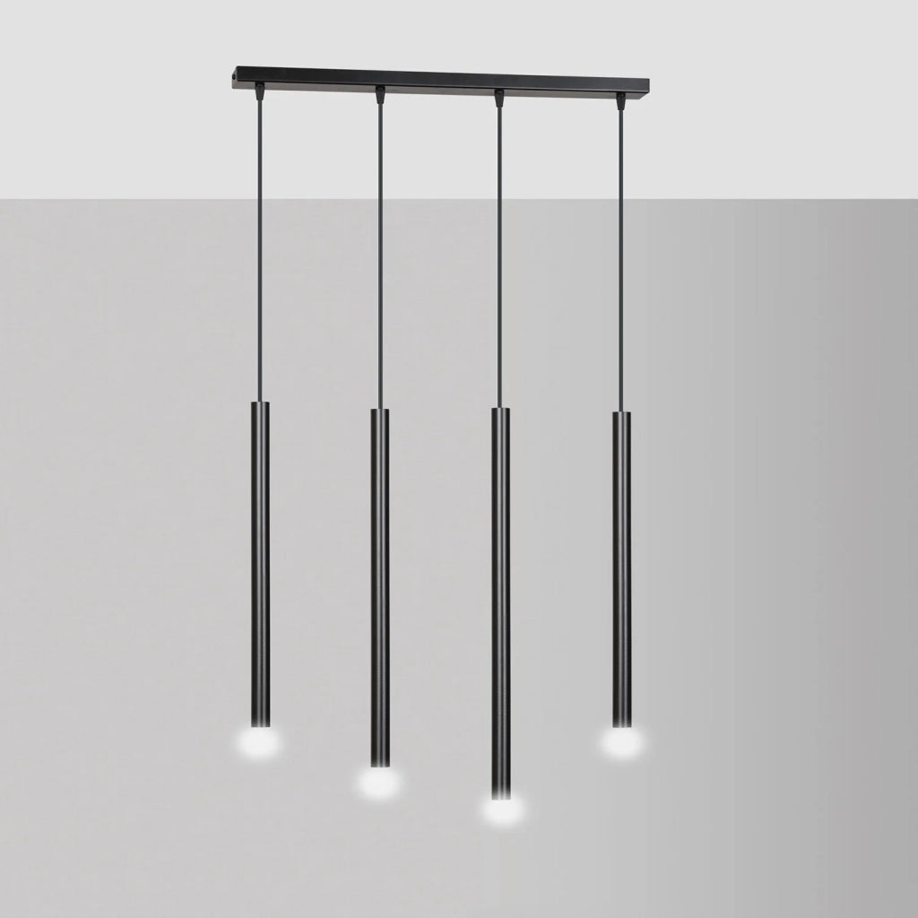 Lampadario 4 Luci Moderno Shu Acciaio Nero E Paralumi A Cilindri Sottili