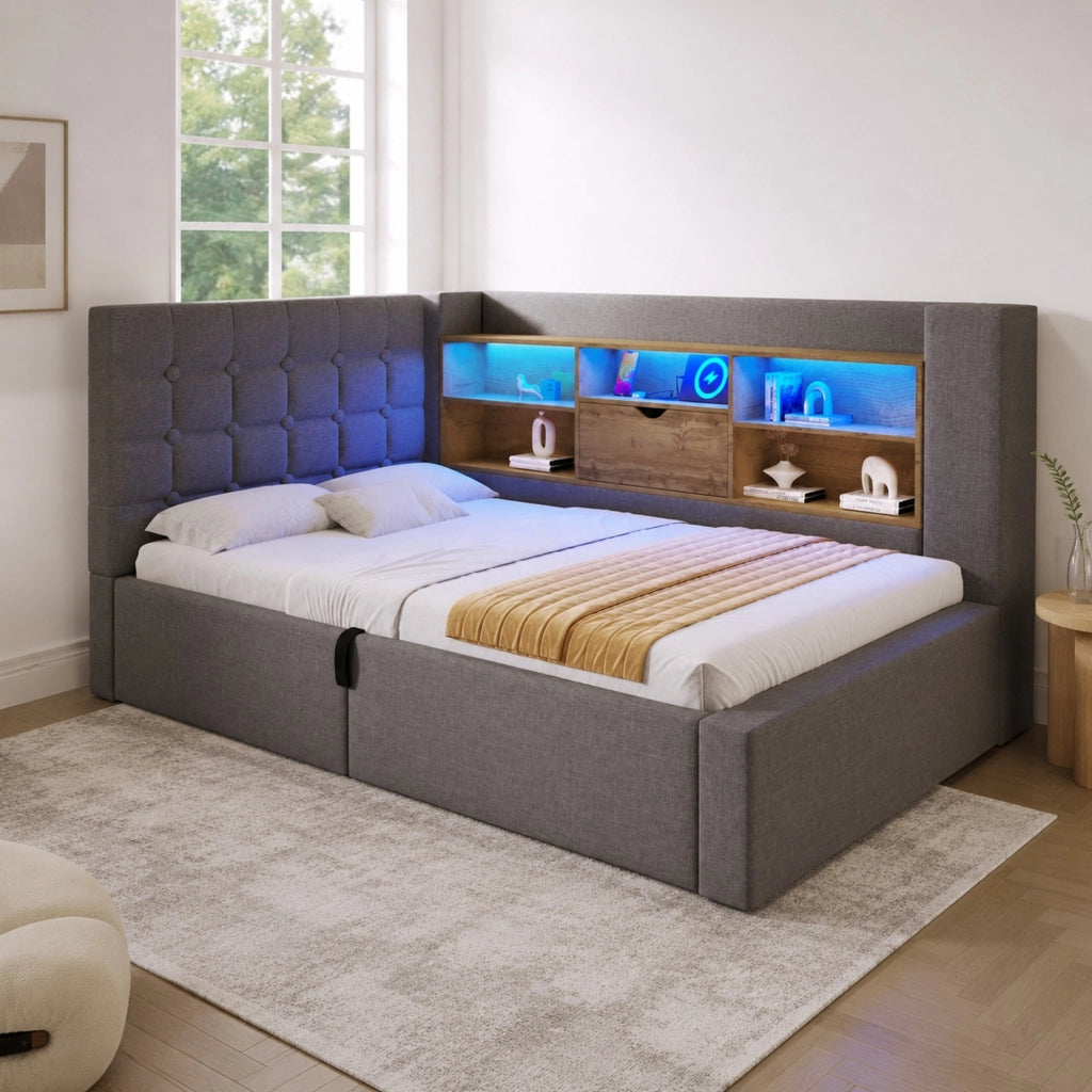 Letto singolo 90x200 cm con LED, USB-C e contenitore grigio