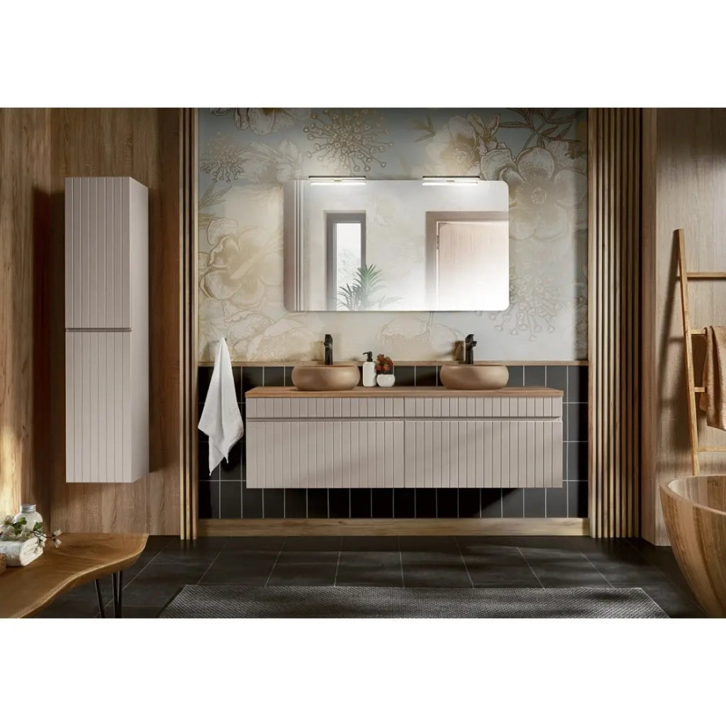 Set ICON: mobile sottolavabo 160cm + 2 lavabi da appoggio rotondi + 1 specchio rettangolare + 2 lampade LED + 1 colonna