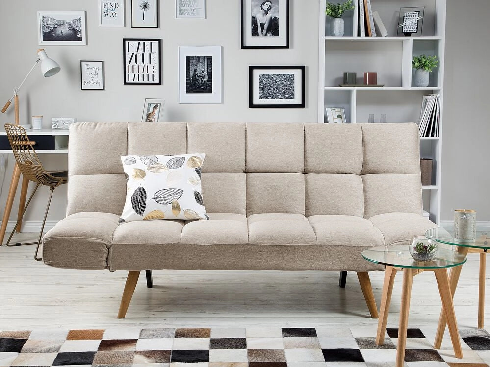 Divano letto Beige Tessuto Imbottito 3 Posti Schienale Reclinabile Quadrato Trapuntato