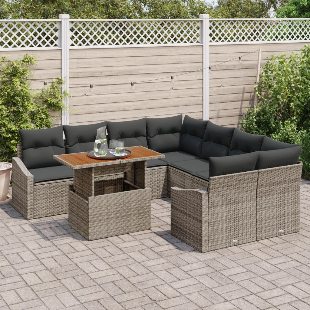 Set Pranzo Giardino 9 Pezzi con Cuscini Rattan Grigio