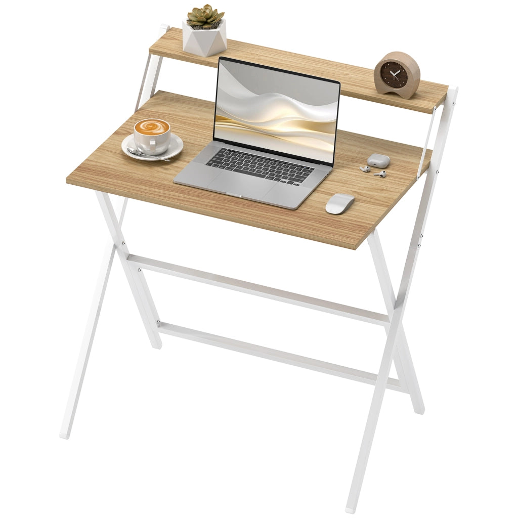 Scrivania Pieghevole con Ripiano per Monitor ¨C Zephmum ¨C Legno e Bianco 81.5x62x86.5 cm