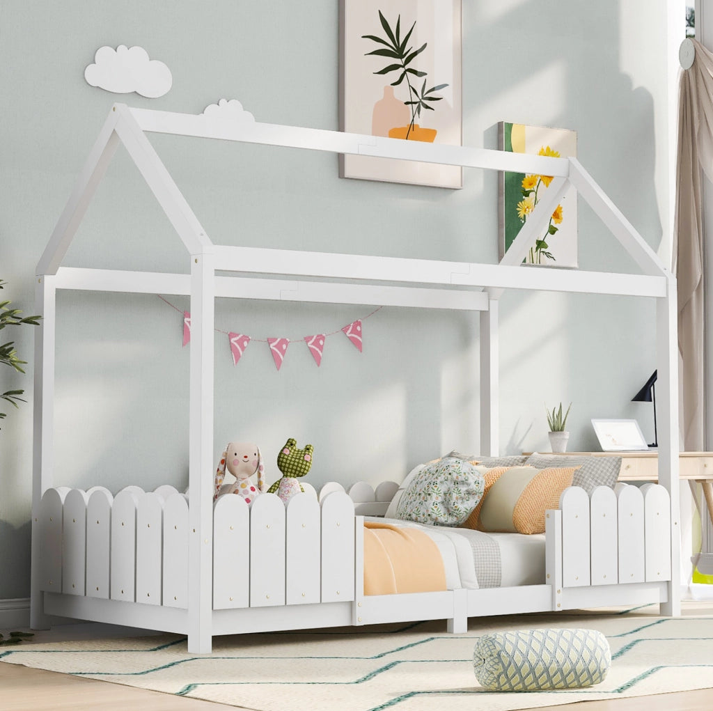 Letto a casetta per bambini 90x200 cm bianco con rete