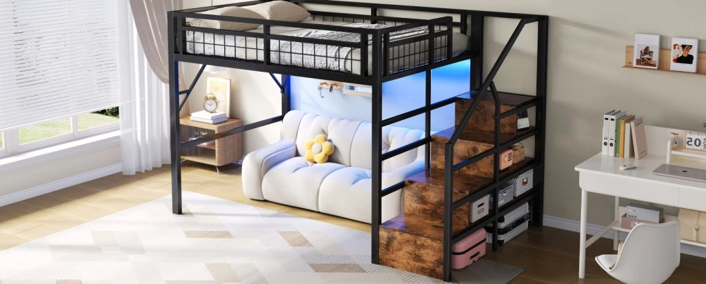 Letto a soppalco 140x200 cm con LED e scale contenitore nero
