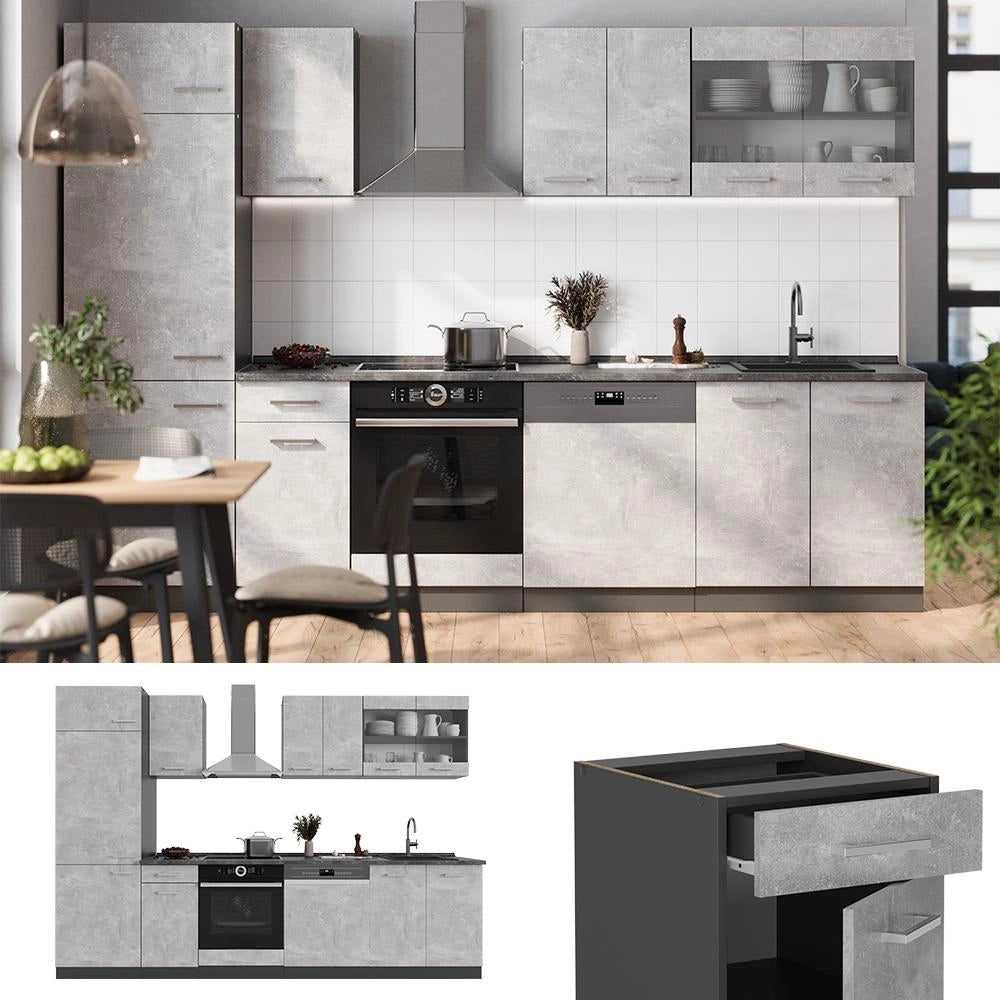 Cucina componibile R-Line Calcestruzzo/Antracite 300 cm, PL Marmo Vicco