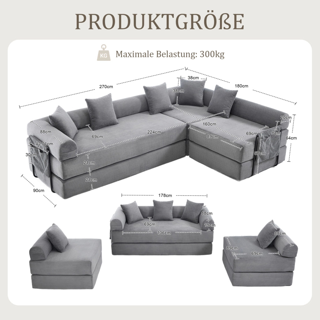 Divano modulare grigio scuro con contenitore, 270x180x64 cm, tessuto in cotone a coste
