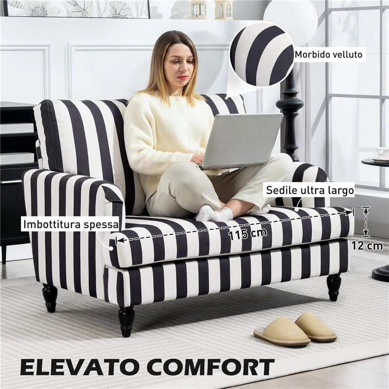 POLTRONA DA SALOTTO CON SEDUTA AMPIA IN VELLUTO A RIGHE CON MOLLE A S, 115X82X82 CM, NERO E BIANCO